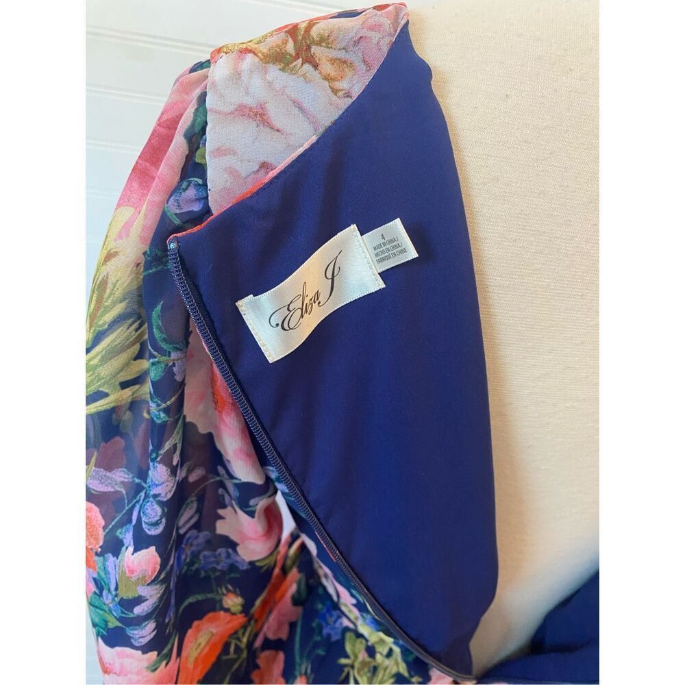 Eliza J Chiffon Chiffon Floral-Print Faux-Wrap Tiered Maxi Dress NEW Size 4 Blue - Picture 8 of 12